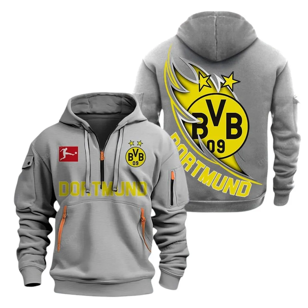 Dortmund Team Kapuzenpullover mit halbem Reißverschluss, Hoodie Für Fußballfans BDE300 - Grau
